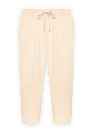 Beige bukser med snoretræk og elastik i taljen samt syningsdetaljer på benene, vist fladt på en hvid baggrund.