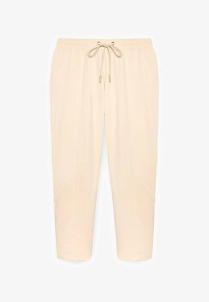 Beige Hose mit Kordelzug, elastischem Bund und Nahtdetails an den Beinen, liegend auf einem weißen Hintergrund dargestellt.