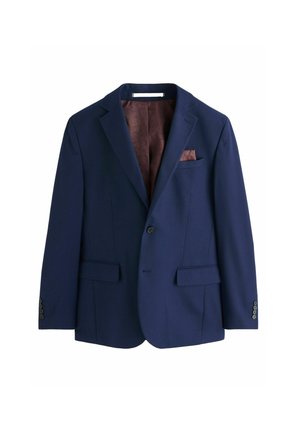 Navy blazer made of fabric with a smooth texture. Features a two-button closure, lapels, and a burgundy pocket square. Lined interior.