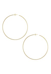 Zelta krāsas auskari ar apļveida formu. Plāns dizains, kas aprīkots ar vienkāršu aizdari. Gluda, pulēta virsma.