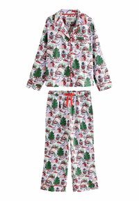 Božično tematiziran komplet pižam, ki vključuje okrašeno blago s prazničnimi motivi, vključno z drevesci, darili in Božičkom. Vključuje zgornji del na gumb in hlače.