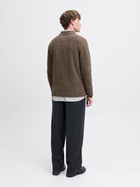 Mann iført brun genser, hvit skjorte, vide mørke bukser og svarte sko, stående og vendt lett mot venstre på en ensfarget hvit bakgrunn.