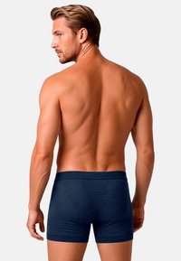 Blå boxershorts med figursydd design, ribbad textur och elastisk midjeband, som bärs av en modell vänd bort från kameran.