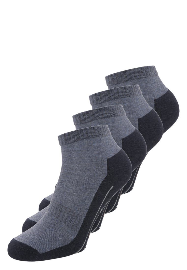 Calcetines de tobillo grises con un talón y una puntera de gris oscuro. Presentan un puño acanalado y una textura suave, diseñados para la comodidad y la durabilidad. Se exhiben cuatro pares.