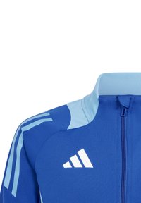 Blauwe sportjack met lichtblauwe accenten, hoge kraag, ritssluiting en wit logo. Getextureerde stof met gestreepte mouwen.