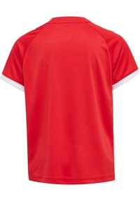 Rode sporttrui met korte mouwen, witte bies aan de manchetten en een ronde halslijn. Gemaakt van een gladde, ademende stof.