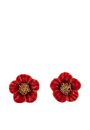 Pair of red flower-shaped earrings with gold bead details in the center on a white background.