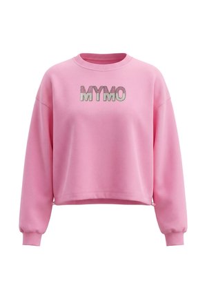 Roze cropped sweatshirt met lange mouwen, geribbelde boorden en hals met de tekst "MYMO" in patroontekst over de borst.