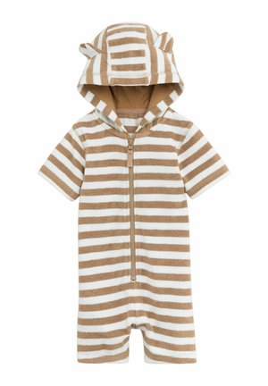 Pasiasty brązowo-biały rompert z krótkim rękawem, z zamkiem z przodu i kapturem z uszami misia. Miękka tkanina i swobodny krój.