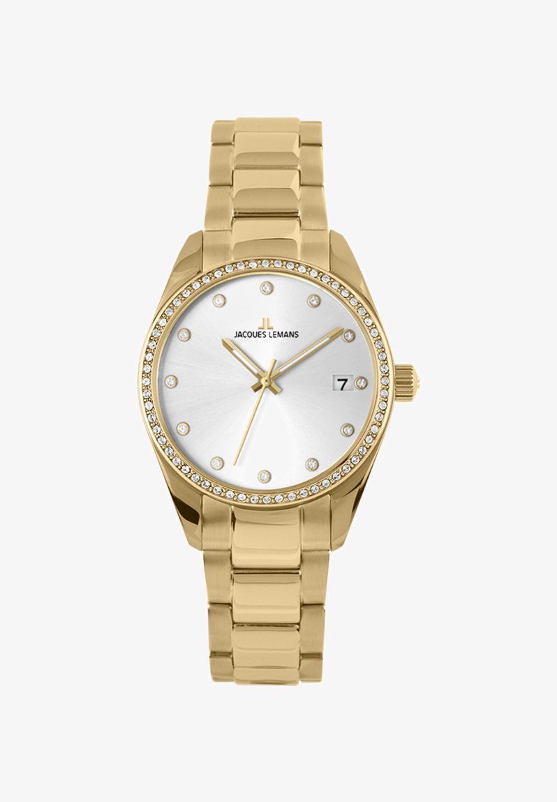 Guldfarvet ur med et armbånd i rustfrit stål, rund urskive, sølvfarvet skive, krystal accenter omkring bezelen og en datovisning ved kl. 3.