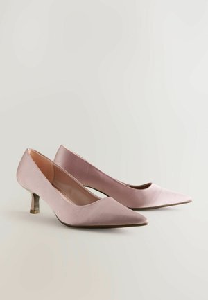 Pink satin high-heeled pumps with a pointed toe and a slim metal-accented heel. Smooth texture and a simple, elegant design.