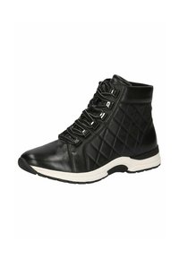 Sneaker alta nera realizzata in pelle trapuntata. Presenta suola in gomma bianca, lacci a contrasto e accenti metallici.