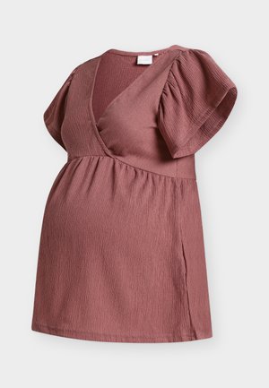 Rochie de maternitate texturată mov, cu decolteu în V în față cu înfășurare, mâneci scurte bufante și talie empire adunată.