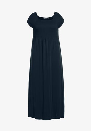 Navy sininen maksimekko, jossa on teksturoitu, smockattu yläosa, lyhyet hihat ja virtaava hame. Valmistettu pehmeästä, hengittävästä kankaasta.