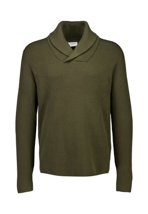Suéter de punto acanalado en verde oliva con un amplio cuello doblado y mangas largas. Presenta un corte relajado y una textura suave.