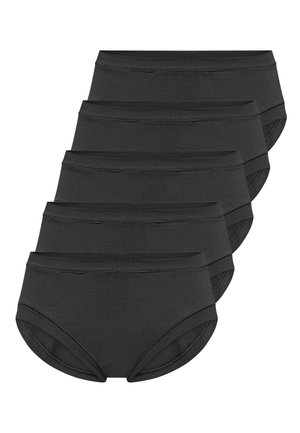 Black cotton briefs, five-pack. Mid-rise design with a smooth waistband and leg openings. Soft, stretchy fabric with no visible seams.