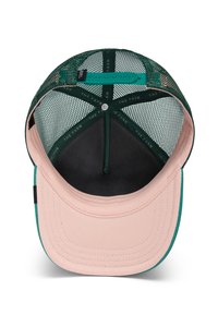 Green mesh back baseball cap with a soft pink brim, black interior, and branded inner band reading "THE FARM." Adjustable snap closure.