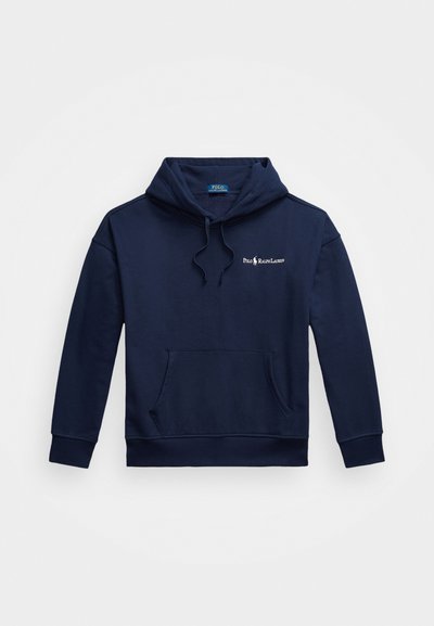 Sweatshirt azul-marinho feito de uma mistura de algodão, com um bolso frontal tipo pouch, capuz com cordão e logótipo bordado no lado esquerdo do peito.