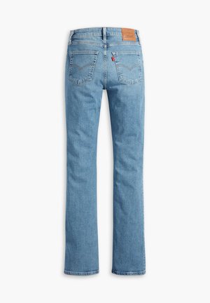 Jeans in denim azzurro chiaro con un design a gamba dritta, tasca posteriore a toppa e dettagli di cucitura classici. Presentano un'etichetta in pelle marrone chiaro in vita.
