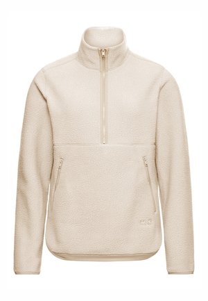 Helles beige Fleece-Pullover mit hohem Kragen, halbem Reißverschluss vorne, zwei Seitentaschen, strukturierter Oberfläche und dezentem Branding unten vorne.