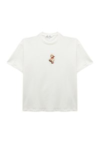 Camiseta de algodón blanca con un pequeño diseño de pato bordado en el pecho. Mangas cortas y un cuello redondo clásico.