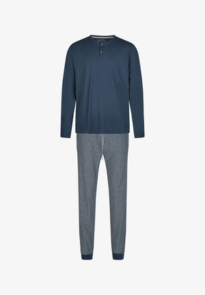 Navyblaues Langarm-Pyjama-Oberteil mit Knopfleiste und kontrastierenden gestreiften Pyjama-Hosen. Weicher, atmungsaktiver Baumwollstoff.