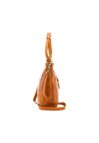 Tasche aus braunem Leder mit geschwungener Form, ausgestattet mit einem langen Trageriemen, einer kleinen Reißverschlusstasche und metallischen Akzenten an der Seite.