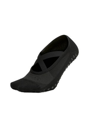 Calzino nero con design a fascia incrociata, tessuto testurizzato, suola imbottita e punti in gomma per grip. Punta senza cuciture e materiale leggero.