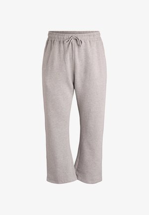 Grijze, zachte stoffen joggingbroek met een elastische tailleband en trekkoord. Wijd uitlopende pijpen met een ontspannen pasvorm, zonder zakken of patronen.