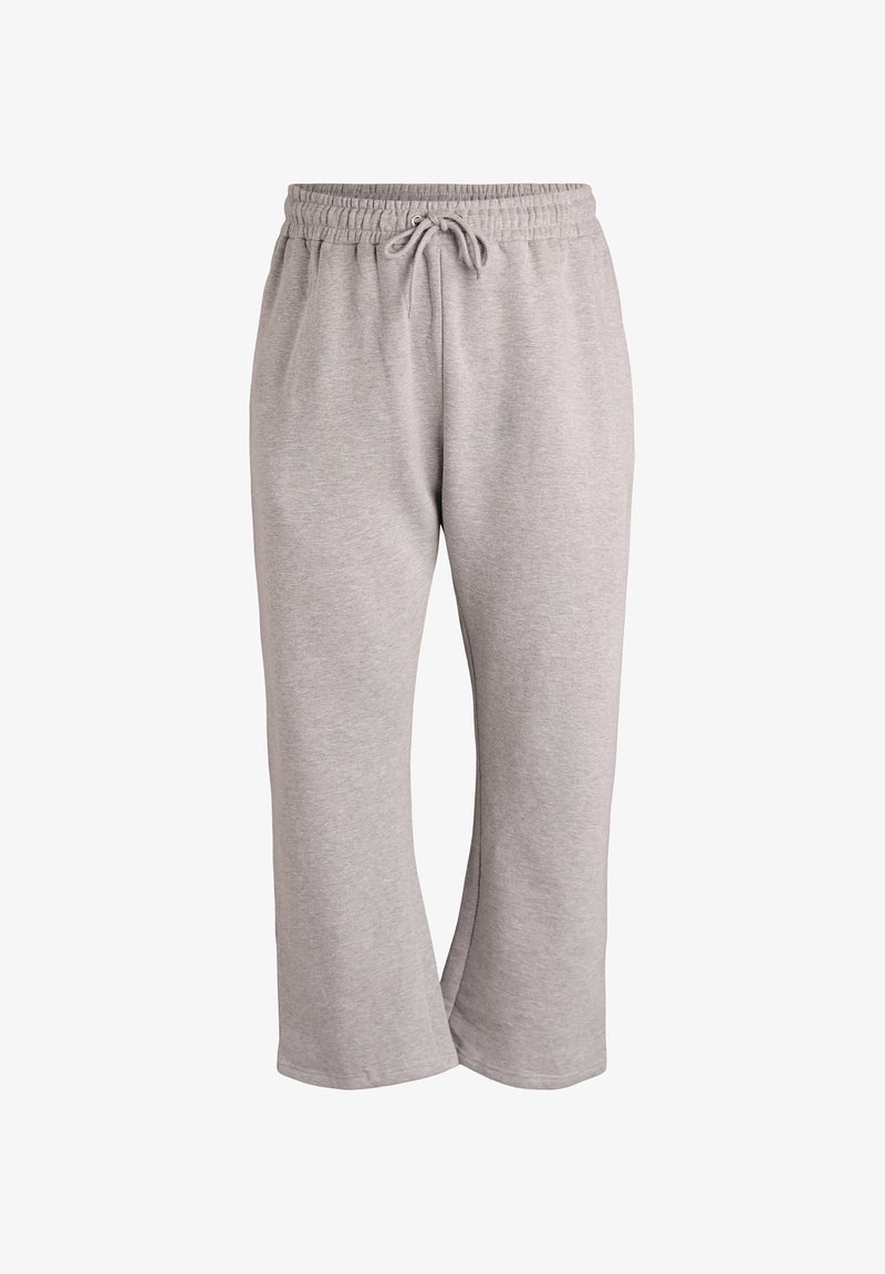 Gray, soft fabric sweatpants with an elastic waistband and drawstring. Wide legs with a relaxed fit, featuring no pockets or patterns.