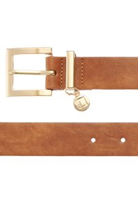 Brown leather belt with a gold metal buckle, featuring a hanging charm with an embossed "L" and stitched detailing along the length.