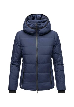 Mörkblå vadderad jacka med framzipper, hög vadderad krage, huva, fickor med dragkedja på sidorna och åtsittande svarta ärmbandsmuddar.