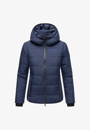 Mörkblå vadderad jacka med framzipper, hög vadderad krage, huva, fickor med dragkedja på sidorna och åtsittande svarta ärmbandsmuddar.