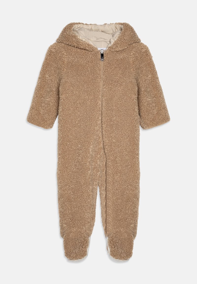 Brown fleece onesie with a hood, featuring a zipper closure and soft texture. The design includes enclosed feet and short sleeves.