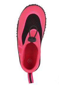 Rosa und schwarze Wasserschuhe mit mesh-Obermaterial, flacher Gummisohle, elastischem Zugband und praktischem Rückenzug. Glatte Innenauskleidung.