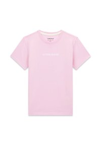 Różowy bawełniany t-shirt z krótkimi rękawami, okrągłym dekoltem i logo "GUESS JEANS" w białym kolorze na piersi. Gładka faktura i dopasowany krój.