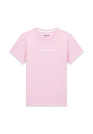 Ružové bavlnené tričko s krátkymi rukávmi, okrúhlym výstrihom a bielym logom "GUESS JEANS" cez hruď. Hladká textúra a priliehavý strih.