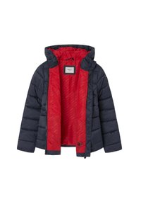 Giacca imbottita blu navy con un interno rosso a motivo. Presenta un cappuccio, chiusura con zip e un colletto rialzato. Tessuto testurizzato con motivo trapuntato.