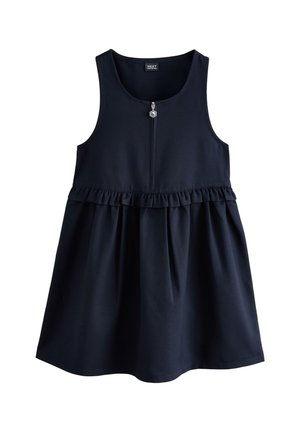 Robe bleu marine sans manches avec un col rond, une fermeture éclair devant avec un tirage en forme de fleur, et une couture froncée à la taille.
