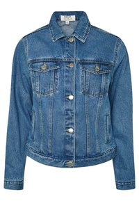 Denim jacket in light blue with long sleeves, buttoned front, two chest pockets, and contrasting stitching. Features a collared neckline.