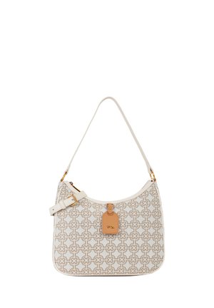 Sac à épaule blanc et beige à motif avec boucle dorée, sangle réglable et étiquette en cuir beige embossée du logo « V 73 ».