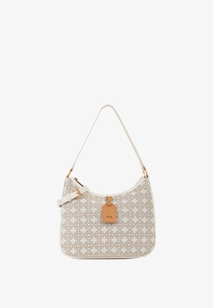 Sac à épaule blanc et beige à motif avec boucle dorée, sangle réglable et étiquette en cuir beige embossée du logo « V 73 ».