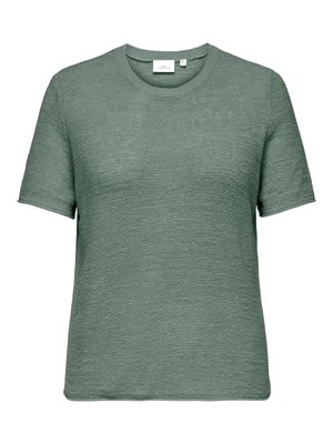 Gebreide trui met korte mouwen en ronde hals in gedempte groene kleur met een textuurpatroon en een rechte zoom, maat medium.