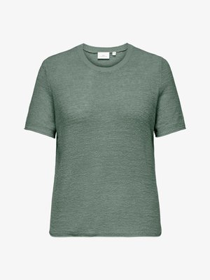 Gebreide trui met korte mouwen en ronde hals in gedempte groene kleur met een textuurpatroon en een rechte zoom, maat medium.