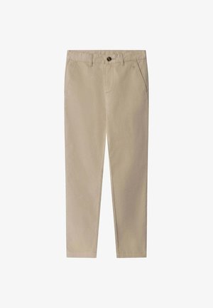 Chinos en coton beige avec une coupe droite, comprenant deux poches avant, une fermeture à bouton, sans motifs ni accents visibles.