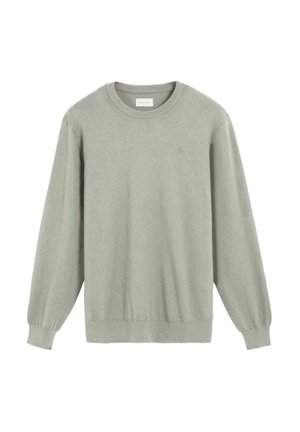 Maglione verde chiaro a maniche lunghe realizzato in tessuto morbido. Presenta un collo rotondo e polsini aderenti. Design minimalista senza motivi o dettagli.