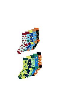 Bunte Socken mit Früchte-Mustern, darunter Erdbeeren, Bananen, Avocados und Ananas. Weicher Stoff mit unterschiedlichen Farben der Bündchen.