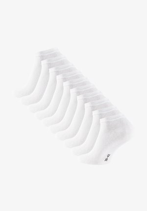 Weiße Baumwollknöchelsocken mit gerippten Bündchen, in einer Packung mit zehn Stück. Jede Socke verfügt über eine verstärkte Ferse und Zehen, mit der Größe auf der Unterseite bedruckt.