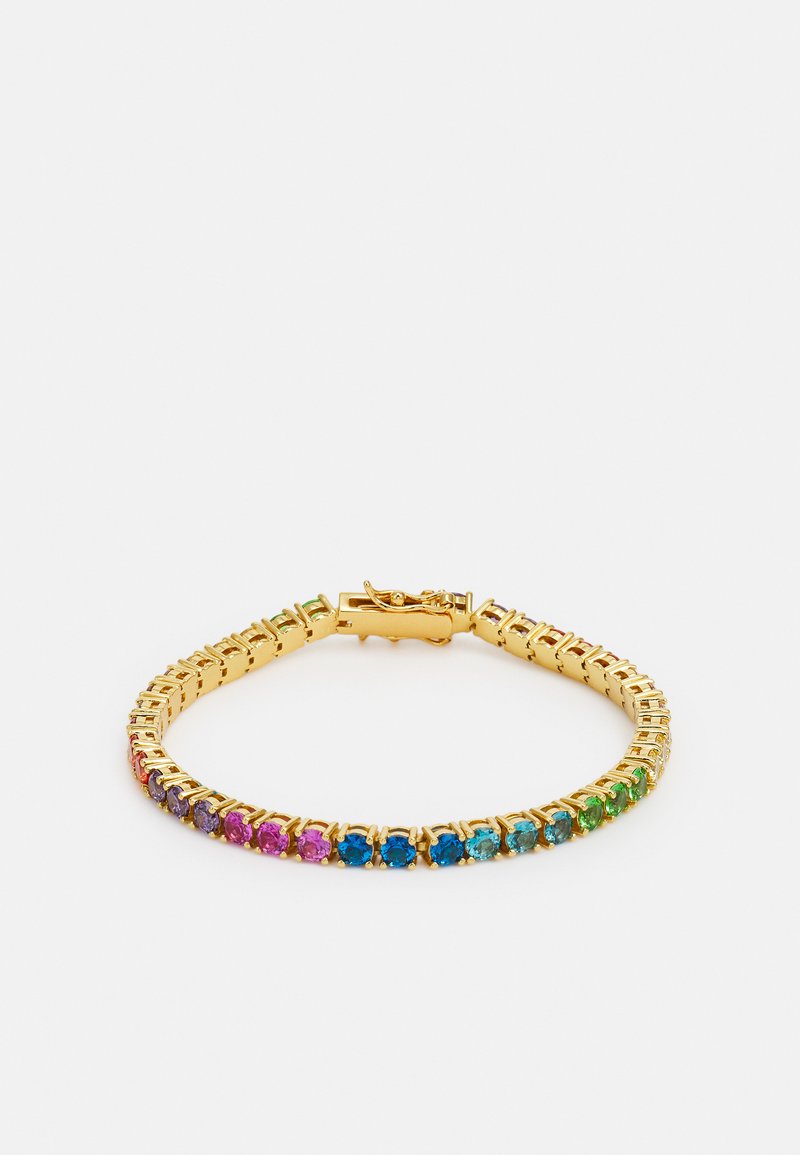 Braccialetto color oro con un design flessibile, composto da pietre rotonde multicolori che alternano tonalità di rosa, blu e verde, chiuso con una fibbia.