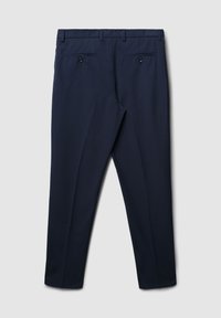 Marineblaue Hosen mit vertikalen Nadelstreifen, flachem Vorderteil, zwei Gesäßtaschen und taillierter Passform. Aus einem glatten Stoff für einen sauberen Look gefertigt.